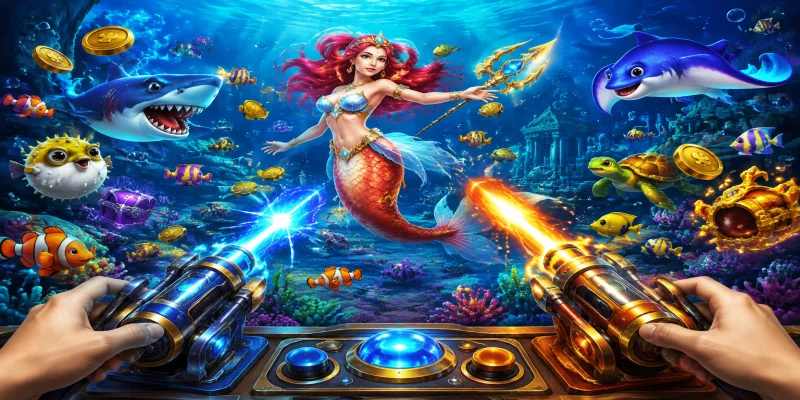 Giao diện sảnh game bắn cá nhân ngư đồ họa 3D sắc nét với hình ảnh nàng tiên cá quyến rũ tại hệ thống giải trí RED88.